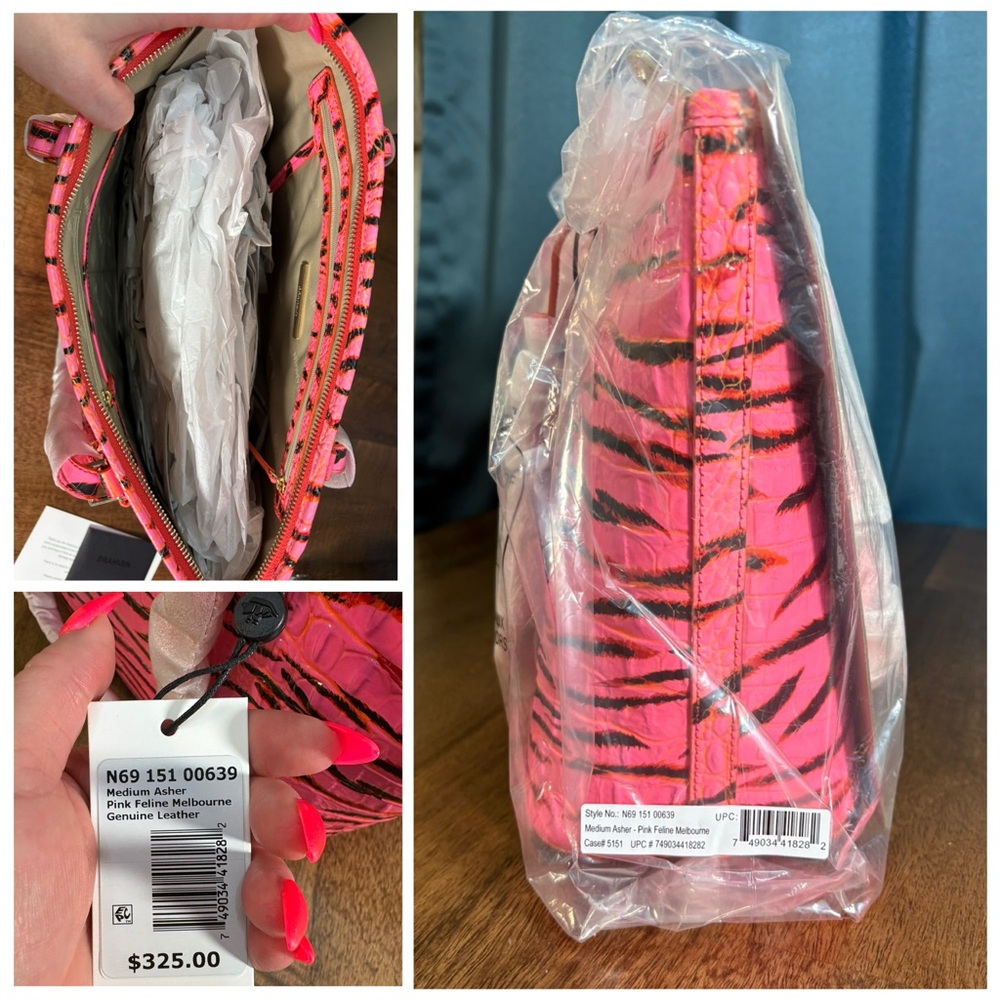 **SOLD**Brahmin NWT Medium Asher - Pink Feline Solid - Vibrant Neon Pink Tote - Picture 8 of 11